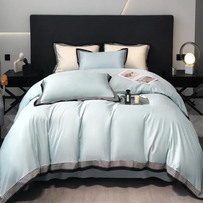Pościel 160x200 luksusowa z falbanką w kratkę Cotton World gruba 3 części 2673 błękitna