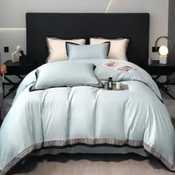 Pościel 160x200 luksusowa z falbanką w kratkę Cotton World gruba 3 części 2673 błękitna