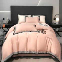 Pościel 200x220 luksusowa z falbanką w kratkę Cotton World gruba 3 części 2680 różowa