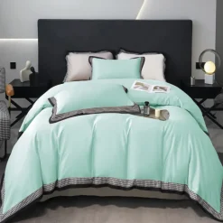 Pościel 200x220 luksusowa z falbanką w kratkę Cotton World gruba 3 części 2671 miętowa
