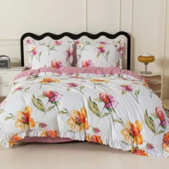 Pościel z falbanką 140x200 mikrofibra Cotton World 2 części różowa w kwiaty 2903
