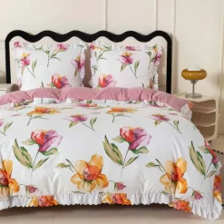 Pościel z falbanką 160x200 mikrofibra Cotton World 3 części różowa w kwiaty 2903