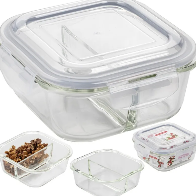 Pojemniki szklane dzielone dwukomorowe Florina Frigo 750 ml zestaw 3 sztuki kwadratowe lunchbox hermetyczne