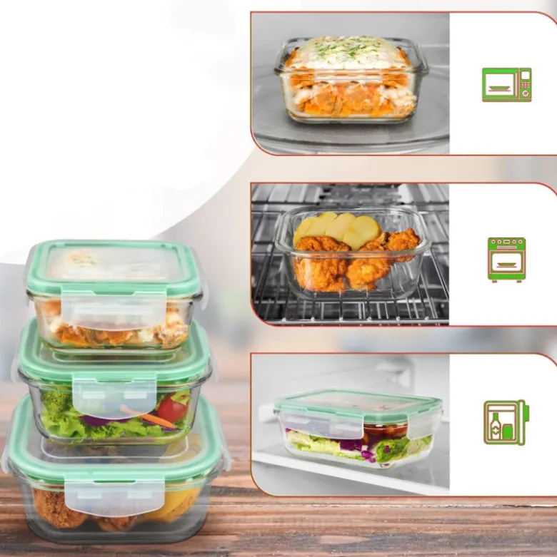 Pojemniki szklane kwadratowe lunchbox GierekHoff Corio GH 1102 zestaw 3 sztuki żaroodporne hermetyczne 1200/800/320 ml