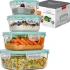 Pojemniki szklane kwadratowe lunchbox GierekHoff Corio GH 1115 zestaw 4 sztuki żaroodporne hermetyczne 800/520/320/150 ml
