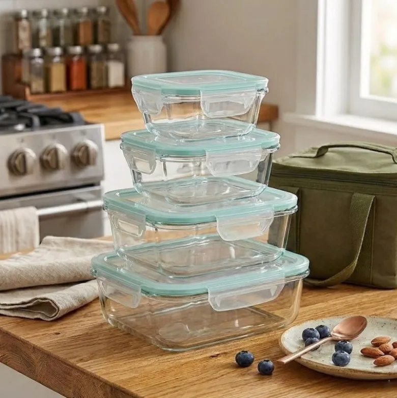 Pojemniki szklane kwadratowe lunchbox GierekHoff Corio GH 1115 zestaw 4 sztuki żaroodporne hermetyczne 800/520/320/150 ml