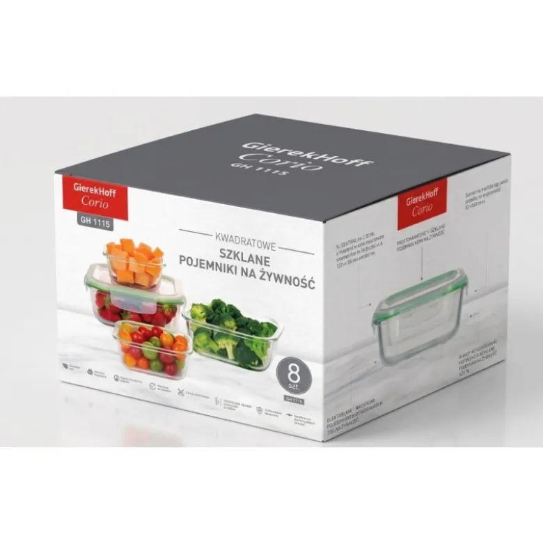 Pojemniki szklane kwadratowe lunchbox GierekHoff Corio GH 1115 zestaw 4 sztuki żaroodporne hermetyczne 800/520/320/150 ml