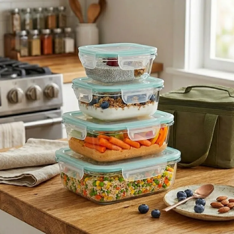 Pojemniki szklane kwadratowe lunchbox GierekHoff Corio GH 1115 zestaw 4 sztuki żaroodporne hermetyczne 800/520/320/150 ml