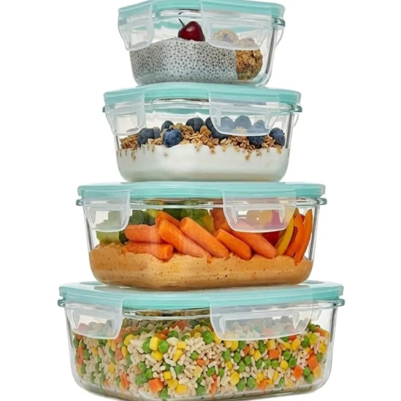 Pojemniki szklane kwadratowe lunchbox GierekHoff Corio GH 1115 zestaw 4 sztuki żaroodporne hermetyczne 800/520/320/150 ml