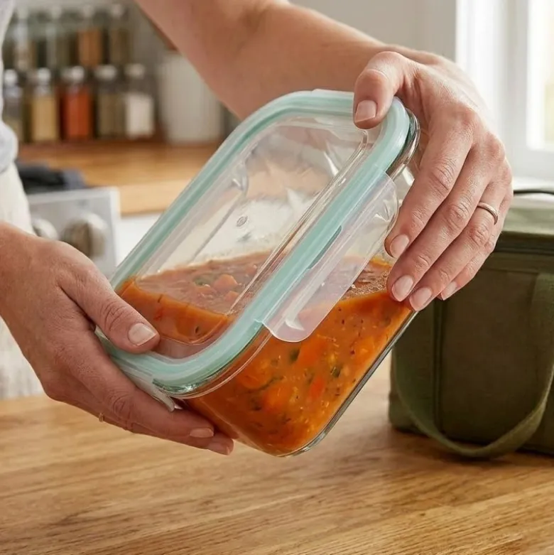 Pojemniki szklane kwadratowe lunchbox GierekHoff Corio GH 1115 zestaw 4 sztuki żaroodporne hermetyczne 800/520/320/150 ml