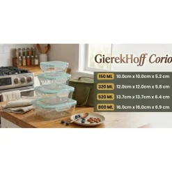 Pojemniki szklane kwadratowe lunchbox GierekHoff Corio GH 1115 zestaw 4 sztuki żaroodporne hermetyczne 800/520/320/150 ml