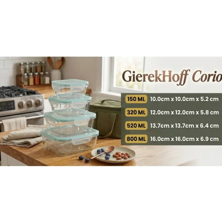 Pojemniki szklane kwadratowe lunchbox GierekHoff Corio GH 1115 zestaw 4 sztuki żaroodporne hermetyczne 800/520/320/150 ml