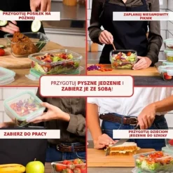 Pojemniki szklane kwadratowe lunchbox GierekHoff Corio GH 1115 zestaw 4 sztuki żaroodporne hermetyczne 800/520/320/150 ml