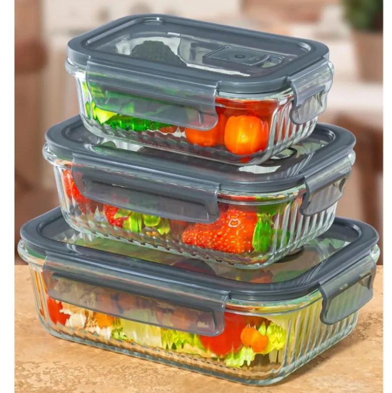 Pojemniki szklane lunchbox GierekHoff Riffle 1500/1000/400 ml żaroodporne szczelne GH 1107