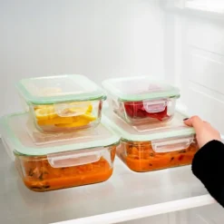 Pojemniki szklane prostokątne lunchbox GierekHoff Corio GH 1103 zestaw 4 sztuki żaroodporne hermetyczne 1520/1050/640/370 ml