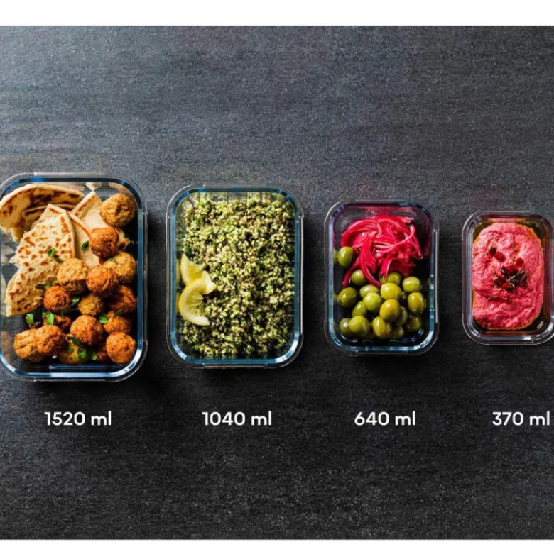 Pojemniki szklane prostokątne lunchbox GierekHoff Corio GH 1103 zestaw 4 sztuki żaroodporne hermetyczne 1520/1050/640/370 ml