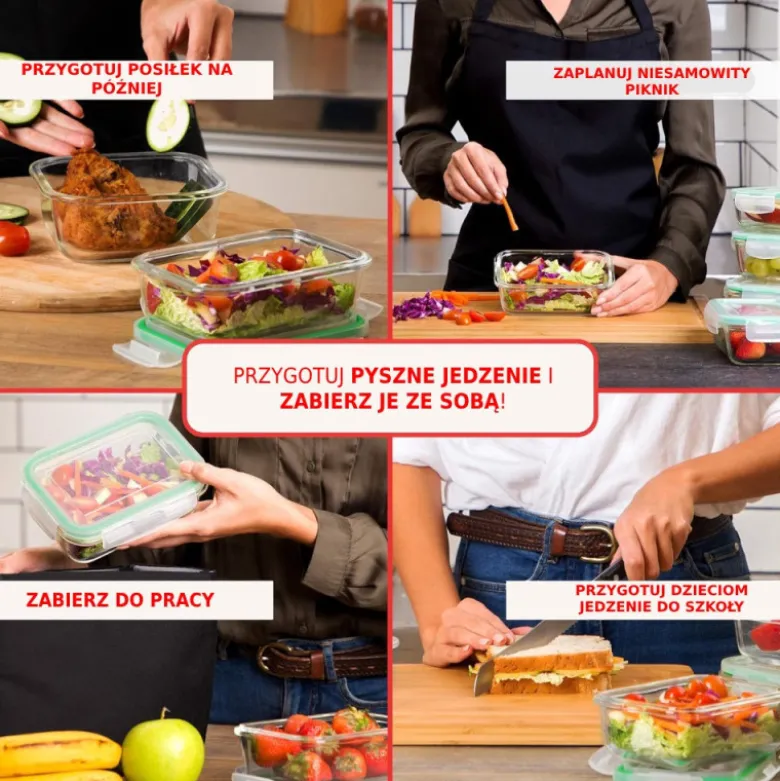 Pojemniki szklane prostokątne lunchbox GierekHoff Corio GH 1103 zestaw 4 sztuki żaroodporne hermetyczne 1520/1050/640/370 ml