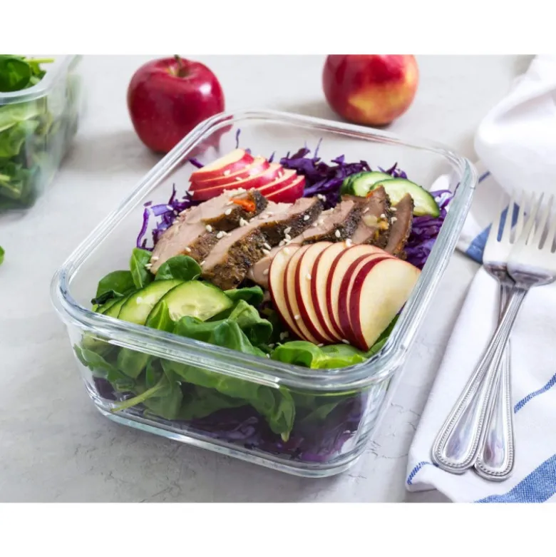 Pojemniki szklane prostokątne lunchbox GierekHoff Corio GH 1114 zestaw 4 sztuki żaroodporne hermetyczne 1050/640/370/200 ml
