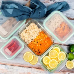 Pojemniki szklane prostokątne lunchbox GierekHoff Corio GH 1114 zestaw 4 sztuki żaroodporne hermetyczne 1050/640/370/200 ml
