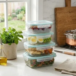 Pojemniki szklane prostokątne lunchbox GierekHoff Corio GH 1114 zestaw 4 sztuki żaroodporne hermetyczne 1050/640/370/200 ml
