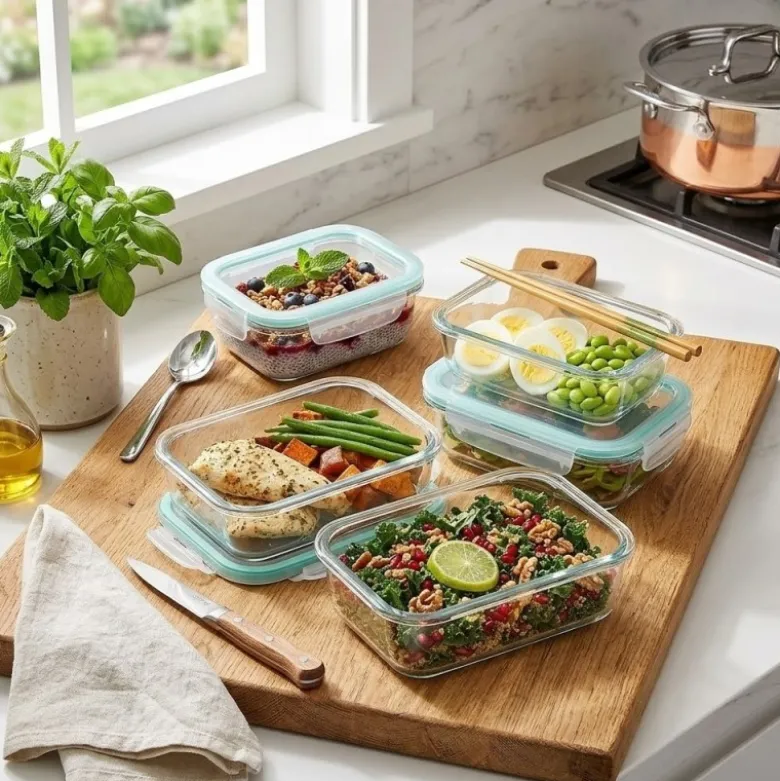 Pojemniki szklane prostokątne lunchbox GierekHoff Corio GH 1114 zestaw 4 sztuki żaroodporne hermetyczne 1050/640/370/200 ml