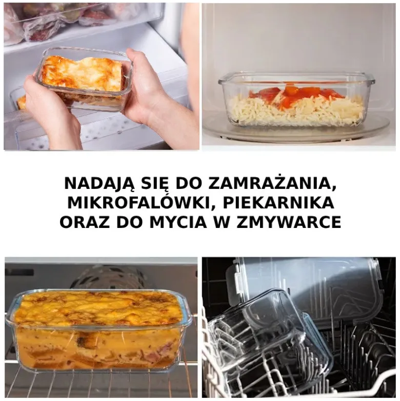 Pojemniki szklane prostokątne lunchbox GierekHoff Corio GH 1114 zestaw 4 sztuki żaroodporne hermetyczne 1050/640/370/200 ml