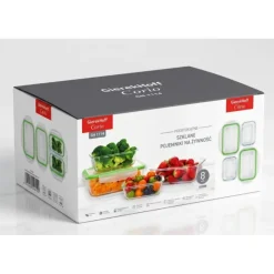 Pojemniki szklane prostokątne lunchbox GierekHoff Corio GH 1114 zestaw 4 sztuki żaroodporne hermetyczne 1050/640/370/200 ml