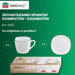 Serwis kawowy filiżanki białe kwadratowe z złotym rantem i spodkiem do kawy i herbaty 210 ml Kinghoff