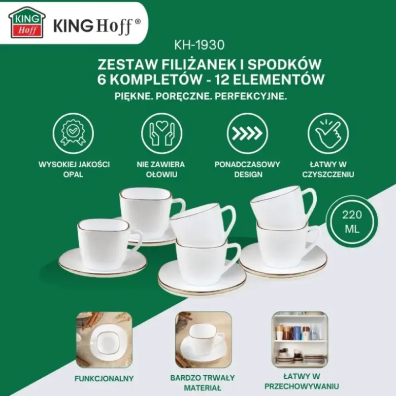 Serwis kawowy filiżanki białe kwadratowe z złotym rantem i spodkiem do kawy i herbaty 210 ml Kinghoff