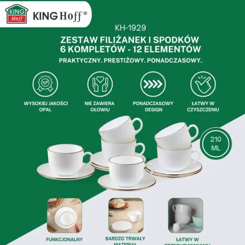 Serwis kawowy filiżanki białe z złotem i spodkiem do kawy i herbaty 210 ml Kinghoff