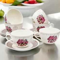 Serwis kawowy z porcelany w kompozycje kwiatowe filiżanki 270 ml ze spodkami do kawy herbaty na 6 osób Tragar