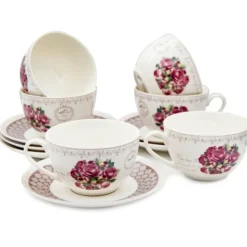 Serwis kawowy z porcelany w kompozycje kwiatowe filiżanki 270 ml ze spodkami do kawy herbaty na 6 osób Tragar