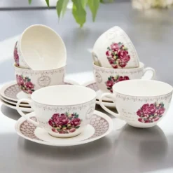 Serwis kawowy z porcelany w kompozycje kwiatowe filiżanki 270 ml ze spodkami do kawy herbaty na 6 osób Tragar