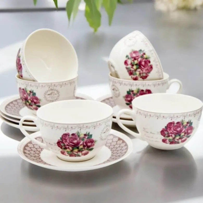 Serwis kawowy z porcelany w kompozycje kwiatowe filiżanki 270 ml ze spodkami do kawy herbaty na 6 osób Tragar