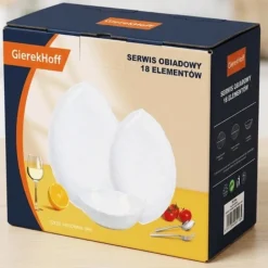 Serwis obiadowy 18 elementów GierekHoff Leaf szklane talerze zestaw talerzy dla 6 osób białe GH 1234