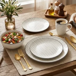 Serwis obiadowy 16 elementów Lisbon porcelana zestaw talerzy kubków dla 4 osób talerze czarno-białe