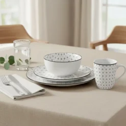 Serwis obiadowy 16 elementów Lisbon porcelana zestaw talerzy kubków dla 4 osób talerze czarno-białe