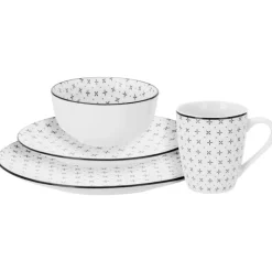 Serwis obiadowy 16 elementów Lisbon porcelana zestaw talerzy kubków dla 4 osób talerze czarno-białe