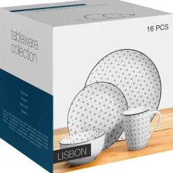 Serwis obiadowy 16 elementów Lisbon porcelana zestaw talerzy kubków dla 4 osób talerze czarno-białe