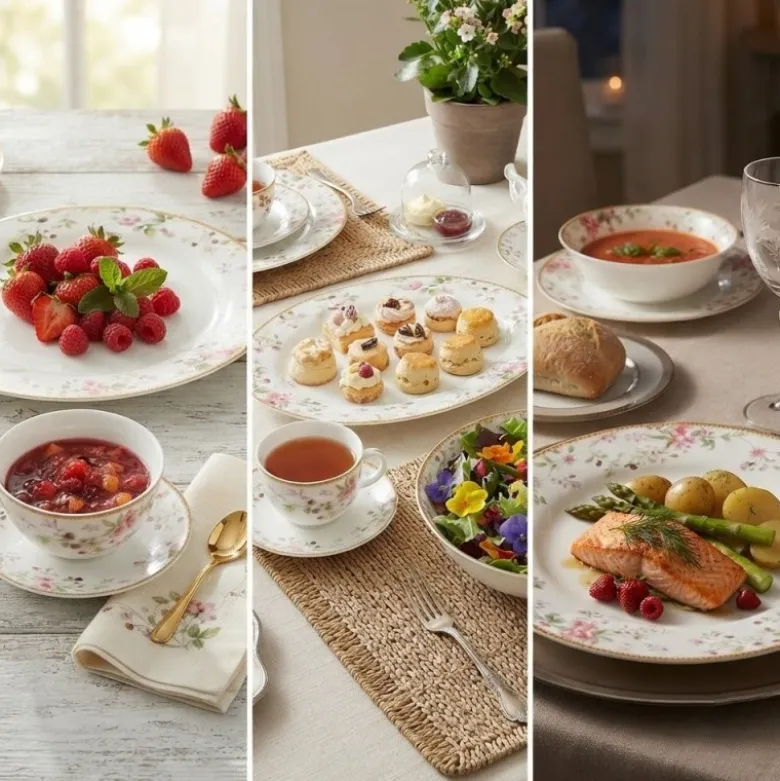Serwis obiadowy 32 elementy GierekHoff Spring Berry białe talerze dla 6 osób złote brzegi wzór kwiaty i poziomki