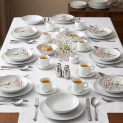 Serwis obiadowy kawowy MG Home Abria 30 elementów zestaw talerzy filiżanki ze spodkami dla 6 osób biały