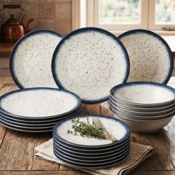 Serwis obiadowy porcelana 18 elementów Atom Hello Blue talerze dla 6 osób granatowe nakrapiane