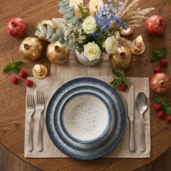 Serwis obiadowy porcelana 18 elementów Atom Hello Blue talerze dla 6 osób granatowe nakrapiane