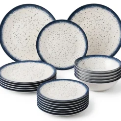 Serwis obiadowy porcelana 18 elementów Atom Hello Blue talerze dla 6 osób granatowe nakrapiane