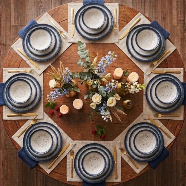 Serwis obiadowy porcelana 18 elementów Atom Hello Blue talerze dla 6 osób granatowe nakrapiane