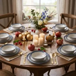 Serwis obiadowy porcelana 18 elementów Atom Hello Blue talerze dla 6 osób granatowe nakrapiane