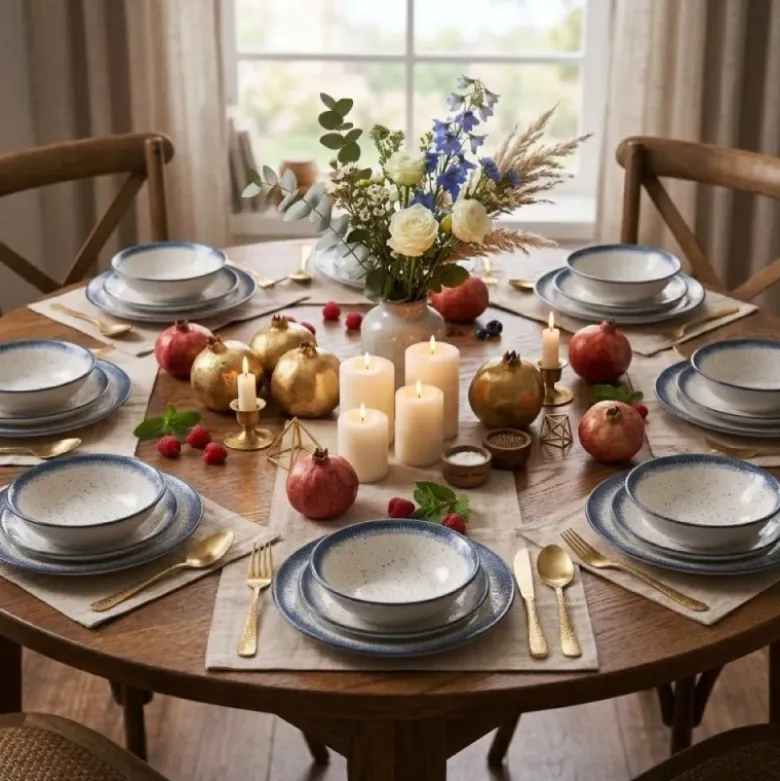 Serwis obiadowy porcelana 18 elementów Atom Hello Blue talerze dla 6 osób granatowe nakrapiane