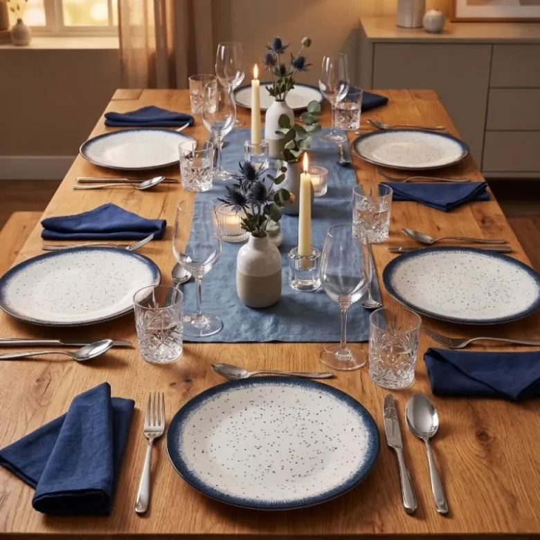 Serwis obiadowy porcelana 18 elementów Atom Hello Blue talerze dla 6 osób granatowe nakrapiane