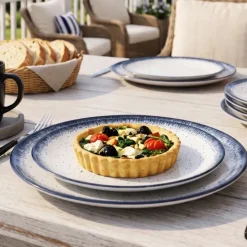 Serwis obiadowy porcelana 18 elementów Atom Hello Blue talerze dla 6 osób granatowe nakrapiane