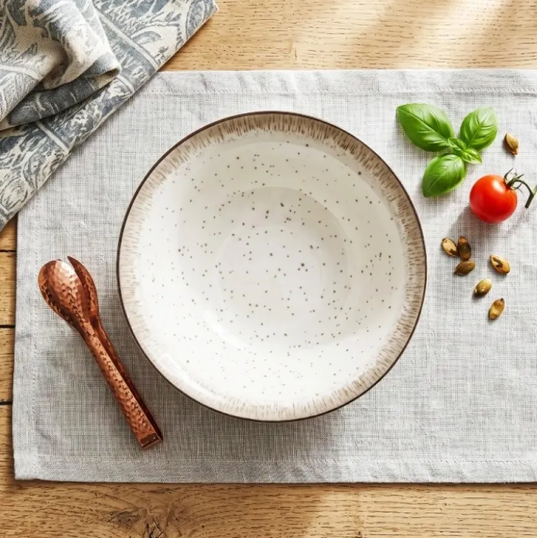 Serwis obiadowy porcelana 18 elementów Atom Hello Sand beżowe talerze dla 6 osób nakrapiane